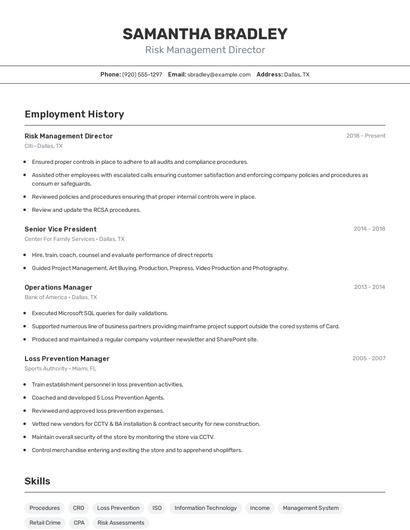 Risk Management Director Resume