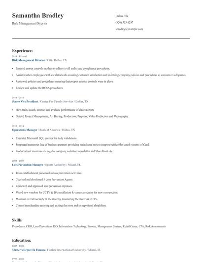 Risk Management Director Resume