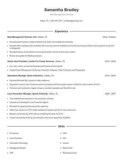 Risk Management Director Resume