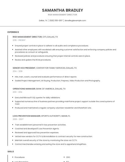 Risk Management Director Resume