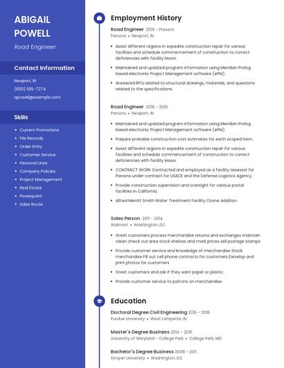 Road Engineer Resume