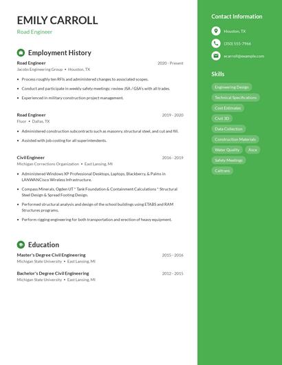 Road Engineer Resume