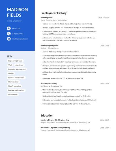 Road Engineer Resume