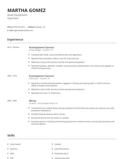 Road Equipment Operator Resume