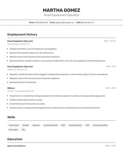 Road Equipment Operator Resume