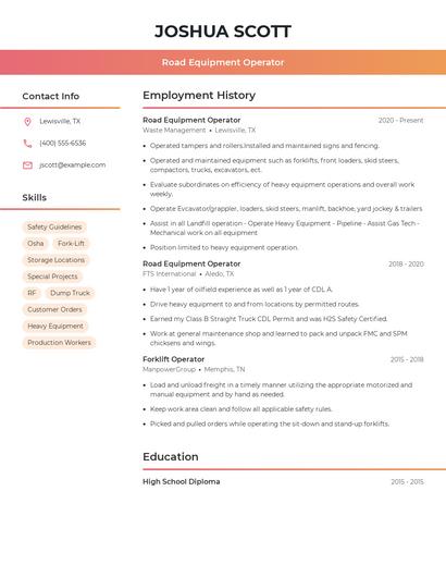 Road Equipment Operator Resume