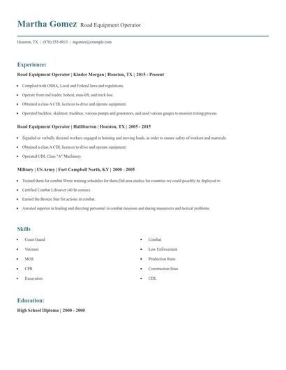 Road Equipment Operator Resume
