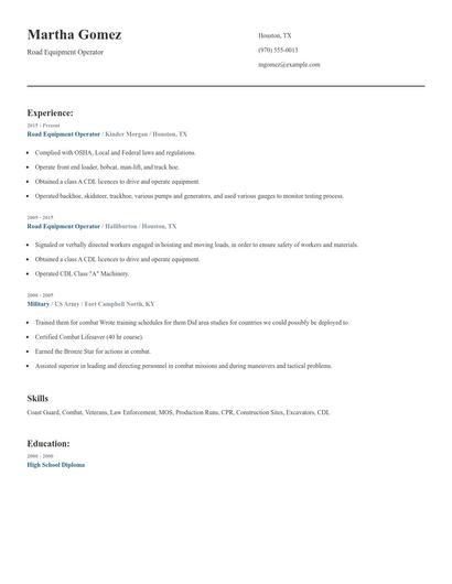 Road Equipment Operator Resume