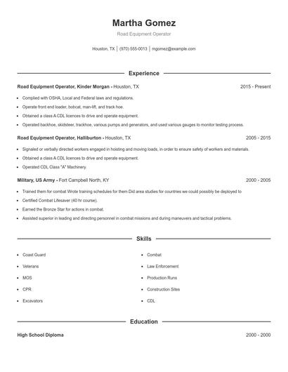 Road Equipment Operator Resume