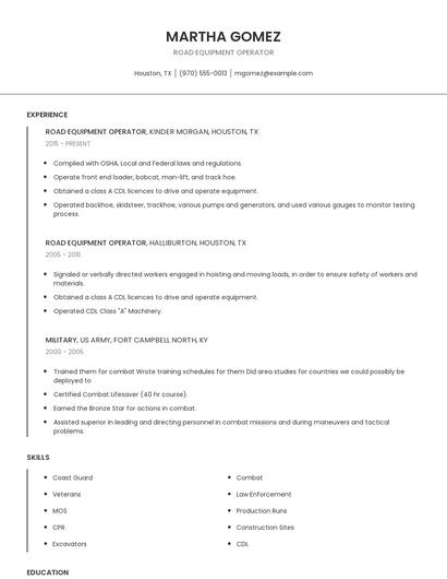Road Equipment Operator Resume