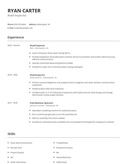 Road Inspector Resume
