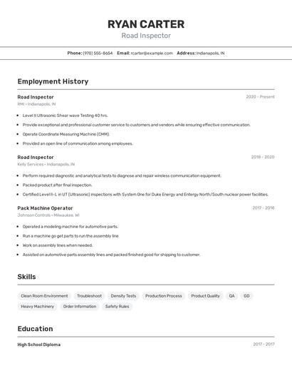 Road Inspector Resume