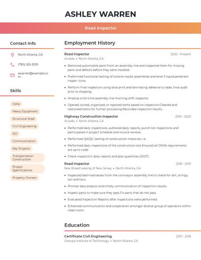 Road Inspector Resume