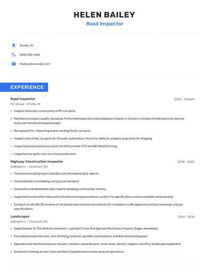 Road Inspector Resume