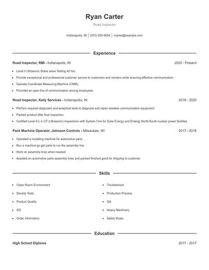 Road Inspector Resume