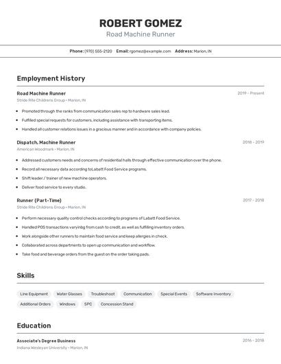 Road Machine Runner Resume