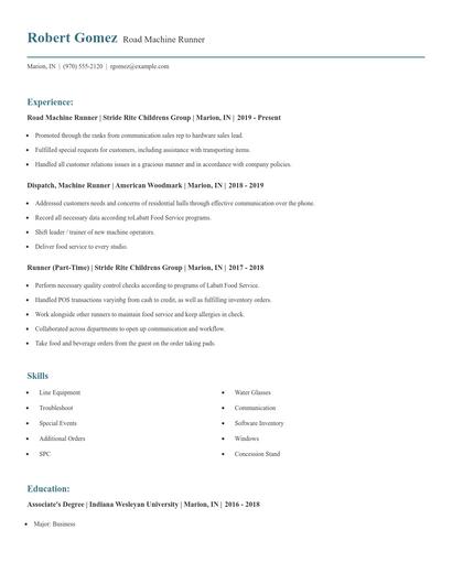 Road Machine Runner Resume
