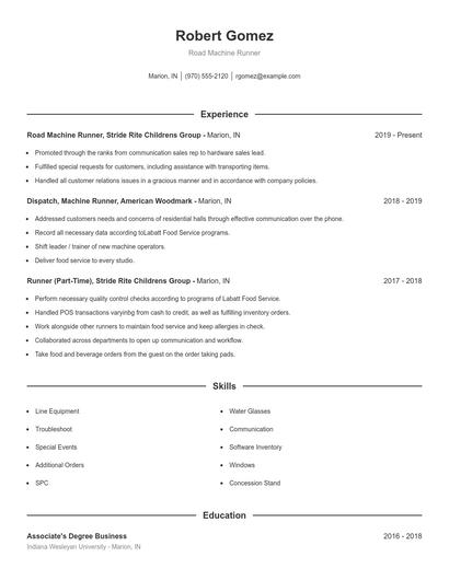 Road Machine Runner Resume