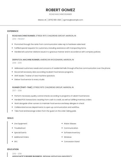 Road Machine Runner Resume