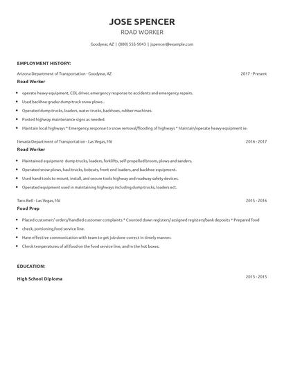 Road Worker Resume