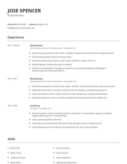 Road Worker Resume