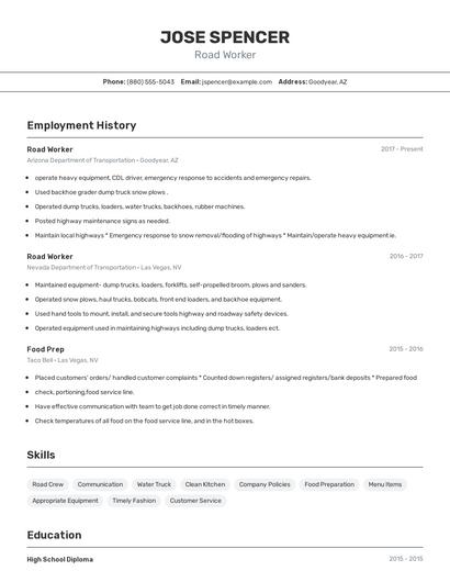 Road Worker Resume