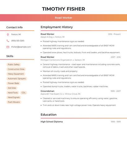 Road Worker Resume