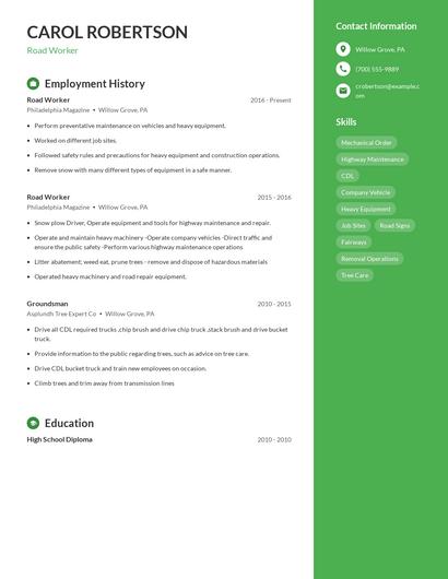 Road Worker Resume