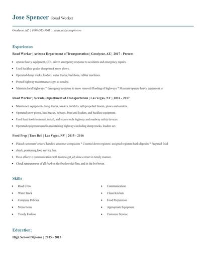 Road Worker Resume