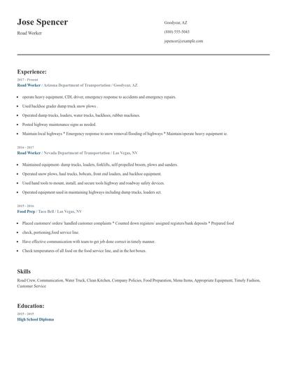 Road Worker Resume