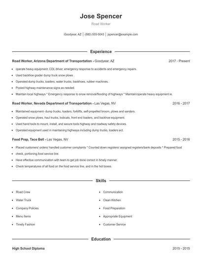 Road Worker Resume