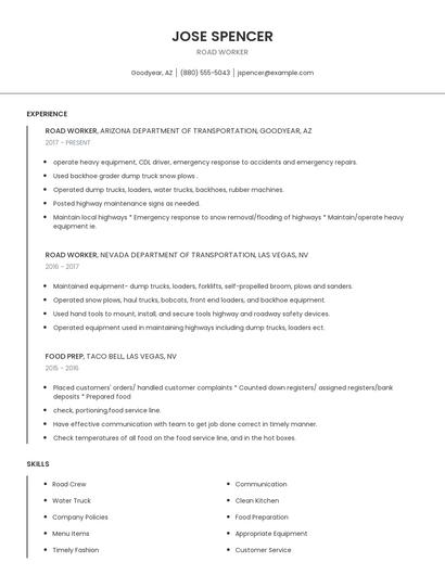 Road Worker Resume