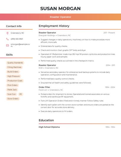 Roaster Operator Resume