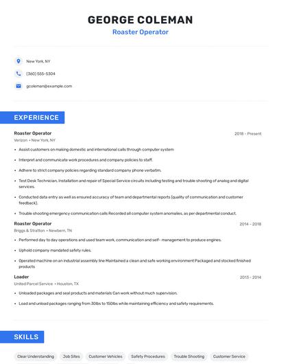 Roaster Operator Resume