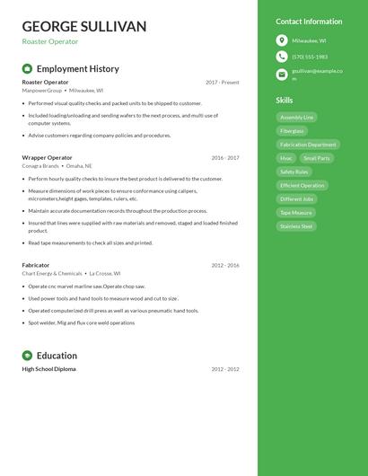 Roaster Operator Resume