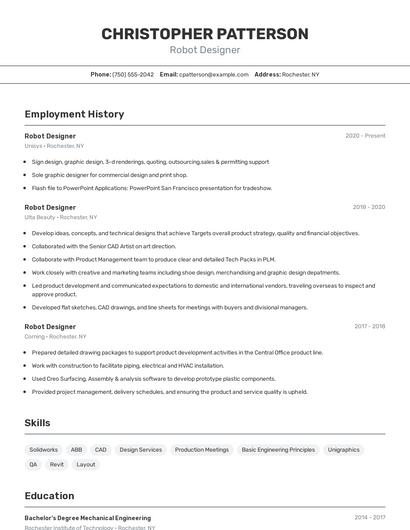 Robot Designer Resume