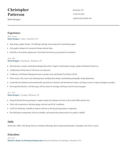 Robot Designer Resume