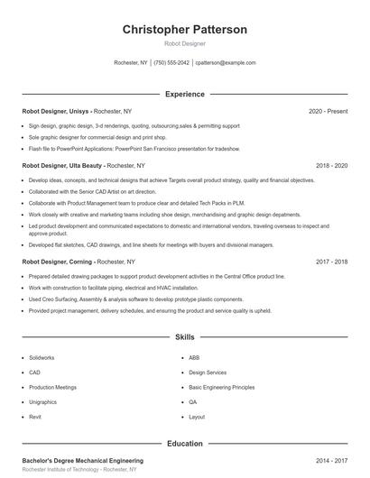 Robot Designer Resume