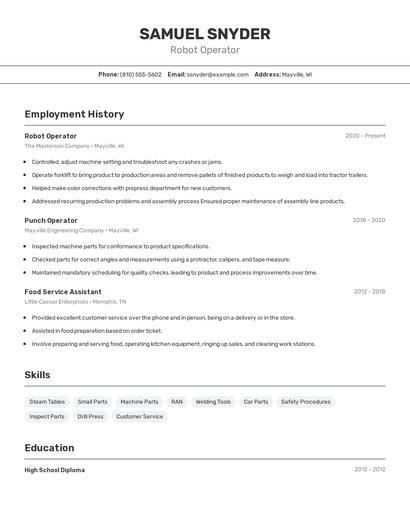 Robot Operator Resume