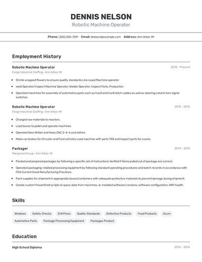 Robotic Machine Operator Resume