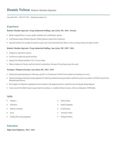 Robotic Machine Operator Resume