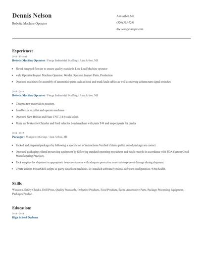 Robotic Machine Operator Resume