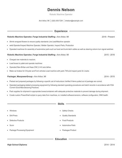 Robotic Machine Operator Resume