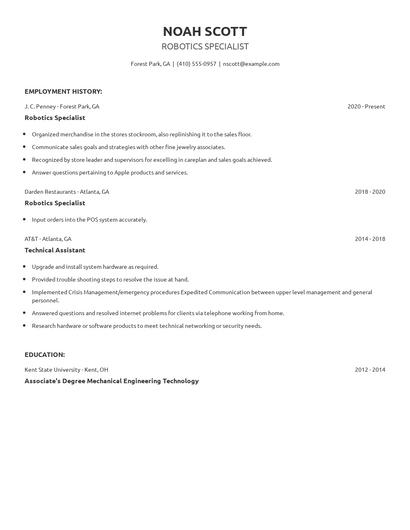 Robotics Specialist Resume