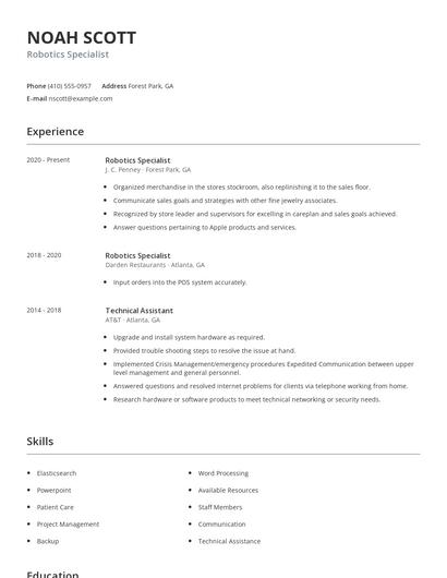 Robotics Specialist Resume