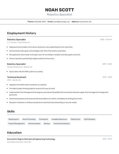 Robotics Specialist Resume