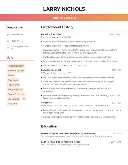 Robotics Specialist Resume