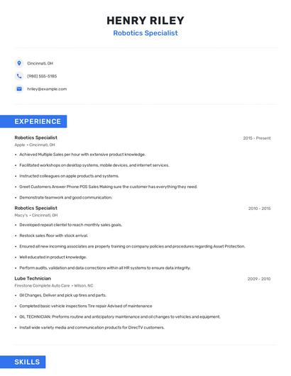 Robotics Specialist Resume