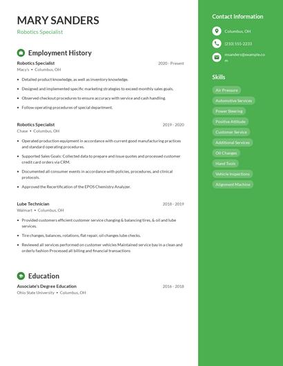 Robotics Specialist Resume