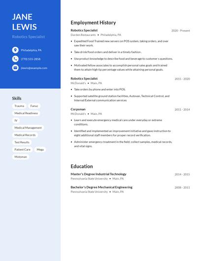 Robotics Specialist Resume